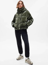 Gap Tall Womens M Full Zip Big Puff Cropped Jacket Green Long Sleeve ~ New