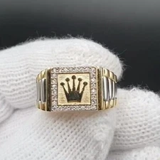 2CT Real Moissanite Diamond Men's Rolex Crown Band Ring 14K Two Tone Gold Plated