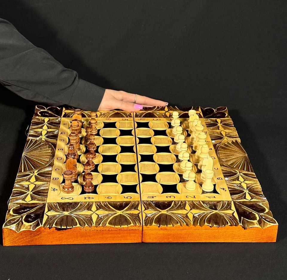 Wooden Chess, Backgammon & Checkers Set, Full Game Board Set, Family ...