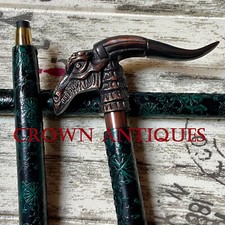 Ancien bâton de marche en bois manche laiton en cuir designer tête de dragon ...