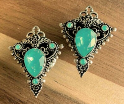 PAIR Green Opalite Teardrop Tribal Shield Plugs Antique Silver Top Steel Tunnels
