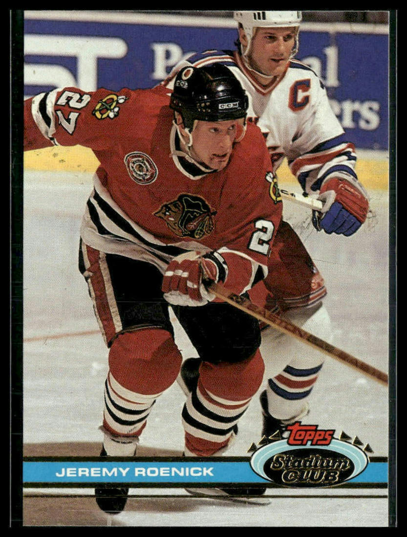1991-92 Stadium Club #46a Jeremy Roenick The Sporting News banner on the back