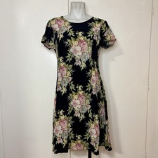 Vintage 90s Black Floral Short Sleeve A Line Mini Dress 
