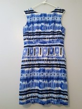 Tahari Sheath Dress 8 Watercolor Abstract Ikat Print Blue Wht  Linen Blend Lined