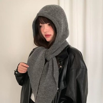 Womens Hooded Scarf Hat Winter Knit Balaclava Neck Warmer Hood Grey