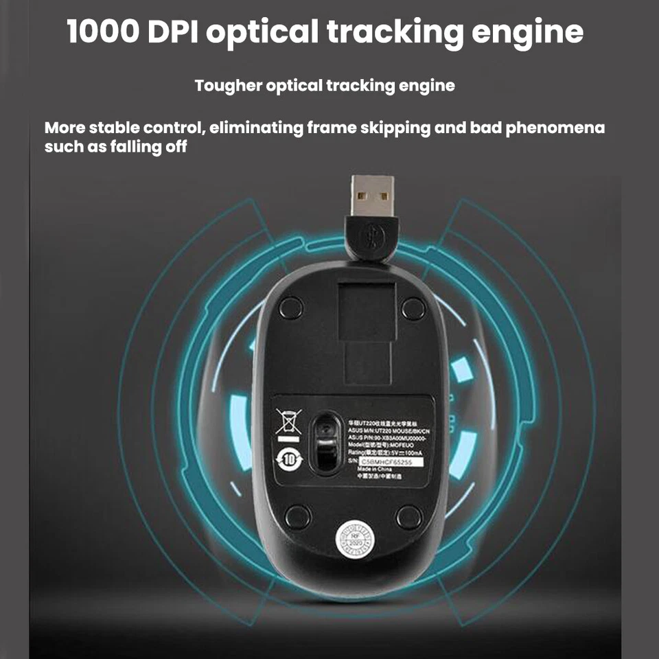 Retractable Wired Mouse Gaming Computer 1000DPI Optical Wired Game USB Black - Image 2 of 4