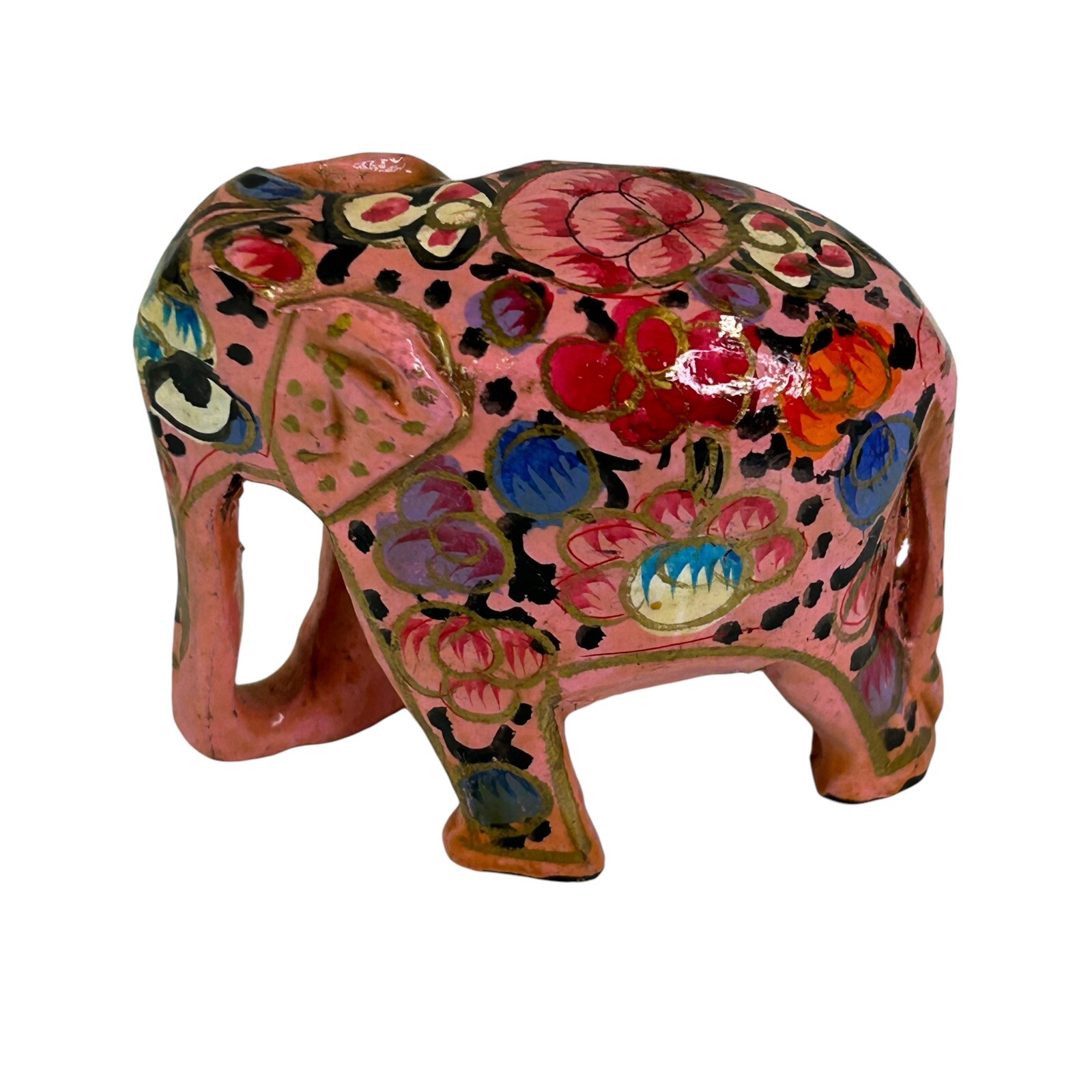 KASHMIRI PAPER MACHE ELEPHANT Figurine Multicolor Lacquered Floral Painted 2"