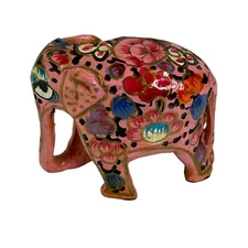 KASHMIRI PAPER MACHE ELEPHANT Figurine Multicolor Lacquered Floral Painted 2"