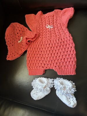 Hand Knitted Baby Girls Coral Romper Set White Knitted Socks