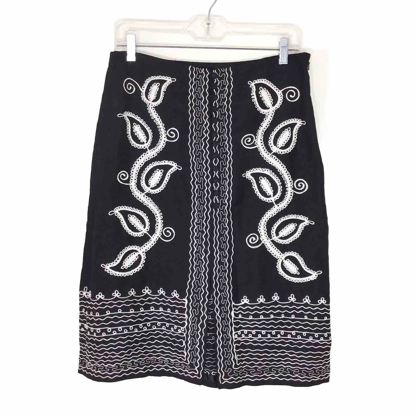 BCBGMAXAZRIA Womens Black Embroidered Linen Blend Knee Length Skirt Slit Size 6