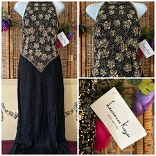 Vtg NWT 80  s Black Gold Beaded Sequin Silk Long Party Prom Formal Dress Gown PS