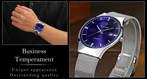 Relojes de pulsera para hombre de malla de acero ultrafino de cuarzo impermeable con fecha de negocios - Imagen 11 de 23