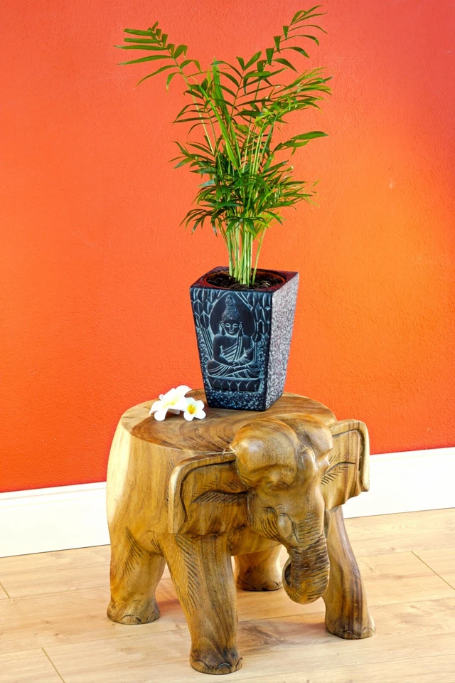 Table D'Appoint Éléphant Bois Massif Fait à la Main Pièce Unique Fleurs Déco - Photo 3/4