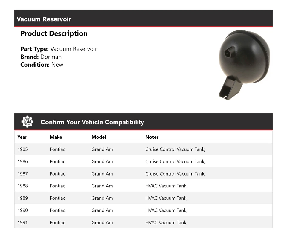 For 1985-1991 Pontiac Grand Am Dorman Vacuum Reservoir 1986 1987 1988 1989 1990 - Image 2 of 4
