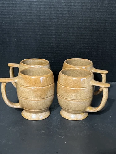 Set of FOUR Frankoma C7 Pottery Beige /Brown Tea/Coffee Mugs
