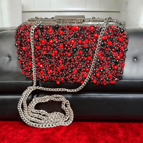 Zara Basic Clutch Red Beaded Silver Chain Handbag Shoulder Evening Bag Formal