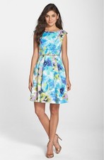 New Eliza J Belted Print Faille Fit & Flare Dress 4 Floral