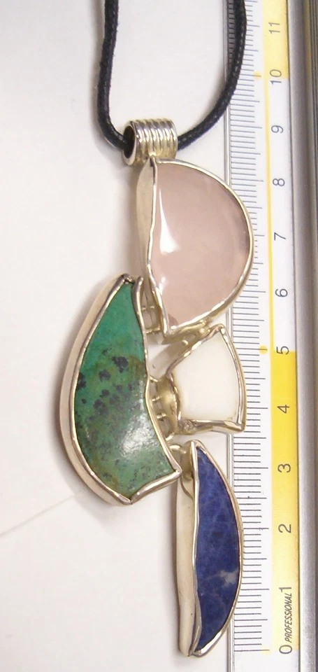 Ciondolo in ARGENTO 925 con PIETRE DURE naturali -Quarzo Rosa Sodalite Malachite - Immagine 2 di 4