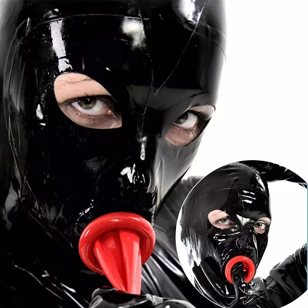 Latex Hood with Red Mouth Sheath 0.4mm open eyes back zip 0.4mm