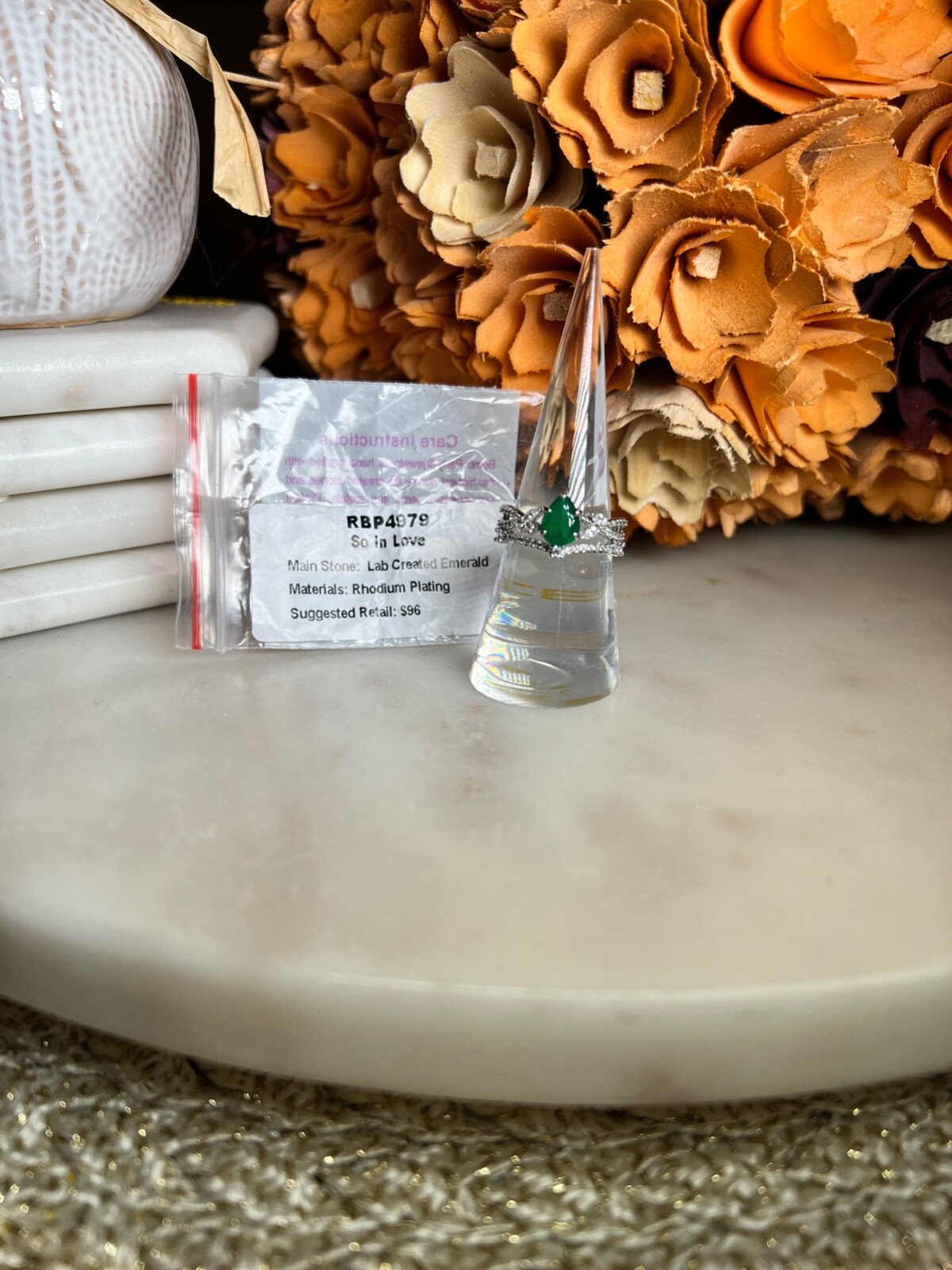 Ring Bomb Party Size 7 Rhodium Plated Lab-Created Emerald Ring RBP4979  -image