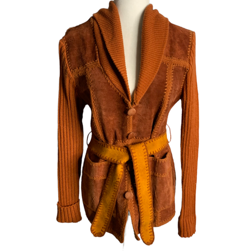 Vintage 70s Suede Knit Cardigan Sweater S Burnt Orange Buttons Belt Pockets  | eBay