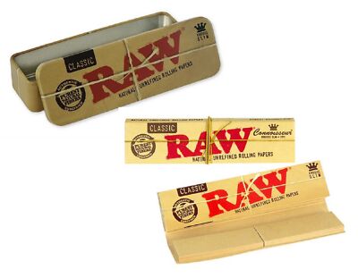 RAW Paper Tin + 2 Connoisseur KS Slim  + Tips Zigarettenpapier Blättchen Rolling