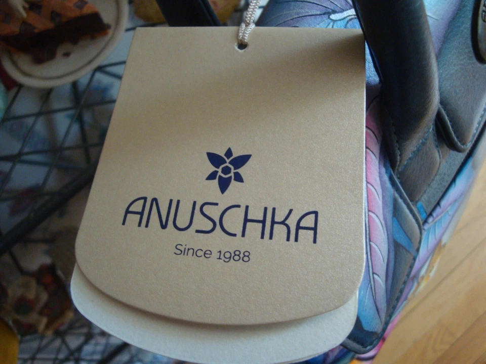 NUEVO CON ETIQUETAS BOLSO ANUSCHKA PINTADO A MANO COLORIDO TEMA GATO CUERO ASA SUPERIOR + ESTUCHE CON CREMALLERA Foto 2 de 4