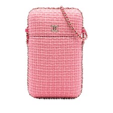 Authenticated Chanel Chain Around Phone Holder Pink Tweed Fabric Crossbody Bag