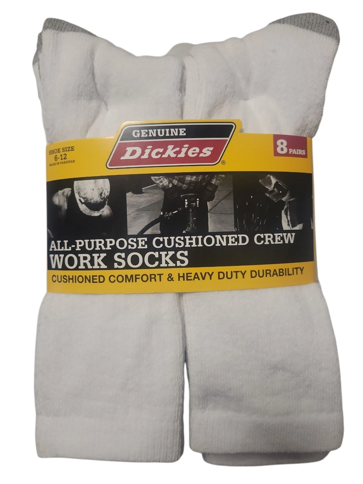 DICKIES Men's All Purpose Cushion Crew Work Socks White Size 6-12 - 8 Pairs