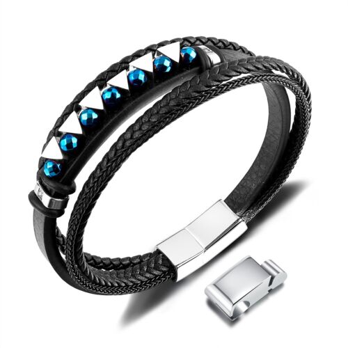Men's Multilayer Leather Stainless Steel Blue Hematile Bracelet Bangle 8.66'' - Picture 1 of 6