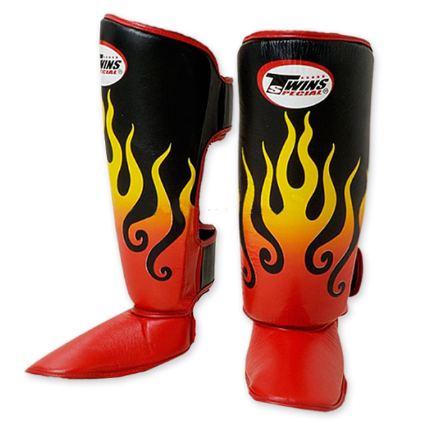 Twins Special Muay Thai Shin Guards Premium Leather Black Fire Flame