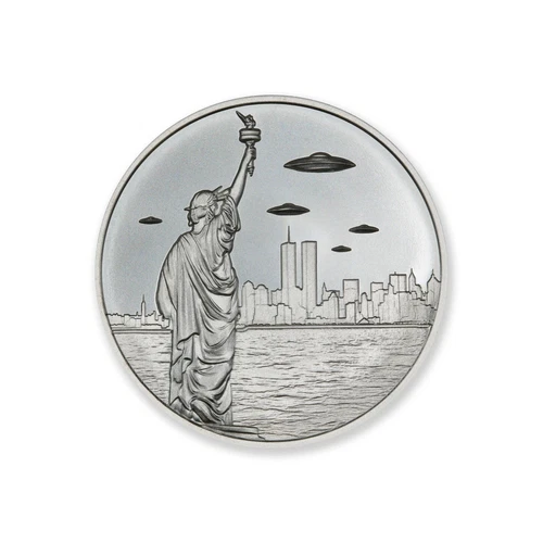 UFOs over vintage NYC 1 oz .999 Silver BU round Big Apple Alien Abduction