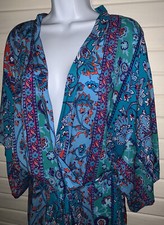 Josie Natori Sz MEDIUM Kimono Robe Short Rayon Blue Attached Belt VGUC
