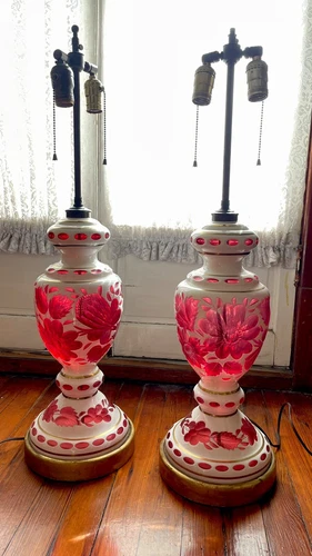Pair of Antique Bohemian Milk Cut to Cranberry Glass Table Lamps