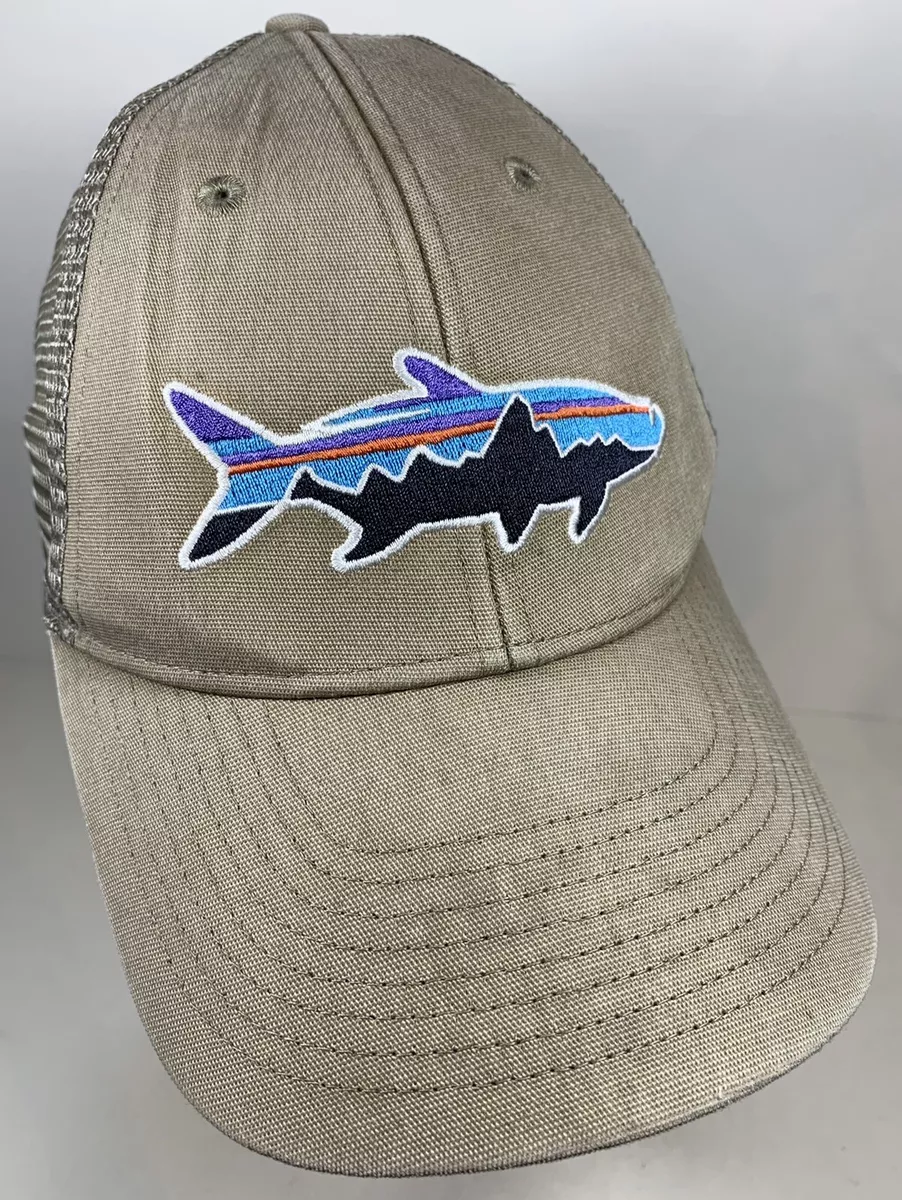 Vintage Patagonia Fish Shark Hat Khaki Fishing Trail Hike Outdoor Mesh Cap