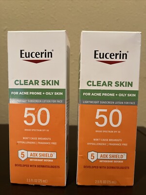 (2) Eucerin Sunscreen Clear Skin SPF 50 Face Lotion Acne  Exp. 09/2025