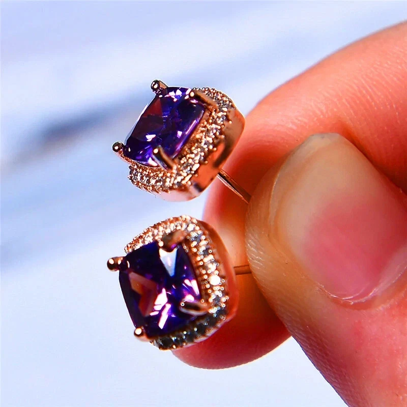 2ct Lab-Created Purple Amethyst Halo Solitaire Stud Earrings 14k RoseGold Plated - Image 2 of 4