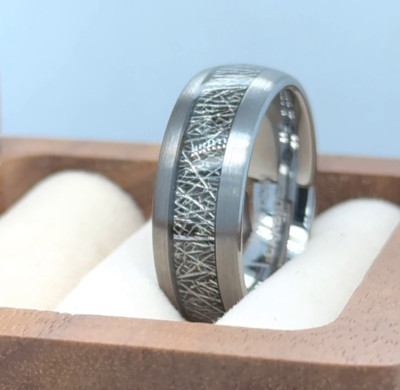 Gray Tungsten Wedding Band Wife Valentine Gifts Elegant Meteorite Inlay Ring