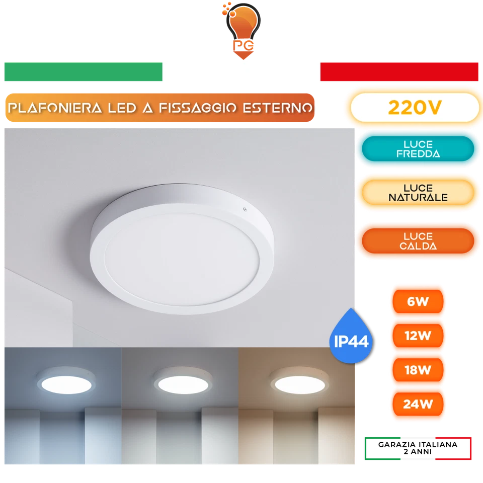 Plafoniera led tonda montaggio esterno soffitto cornice bianca 6000 4000 3000