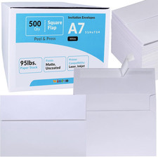 500 Pcs White A7 Invitation Envelopes 5 1/4 X 7 1/4 Square Flap Envelopes Self