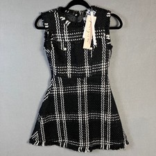 Fancyism Women's Tweed Plaid A-Line Dress Size S Black Fringe Hem NWT