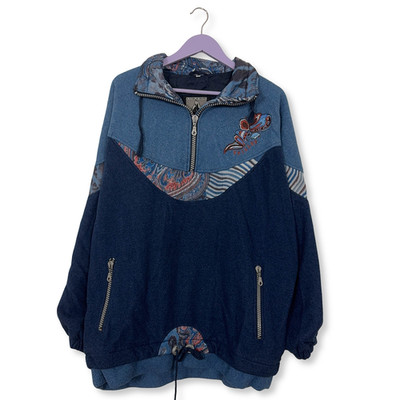Vintage Fleece blau-blau gefüttert mit Stickerei und Reißverschluss 80er 90er Jahre - Größe XL Herren
