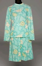 Vintage 70s Two Piece Poly Skirt Set Pretty Green Floral - Women's Size 10
