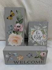 Three Rustic Handmade Wooden Plaques - Gray w/ Florals 