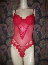 VTG Red Sheer Knit Bra Top Bodysuit Teddy Romper Panty Lingerie 34B