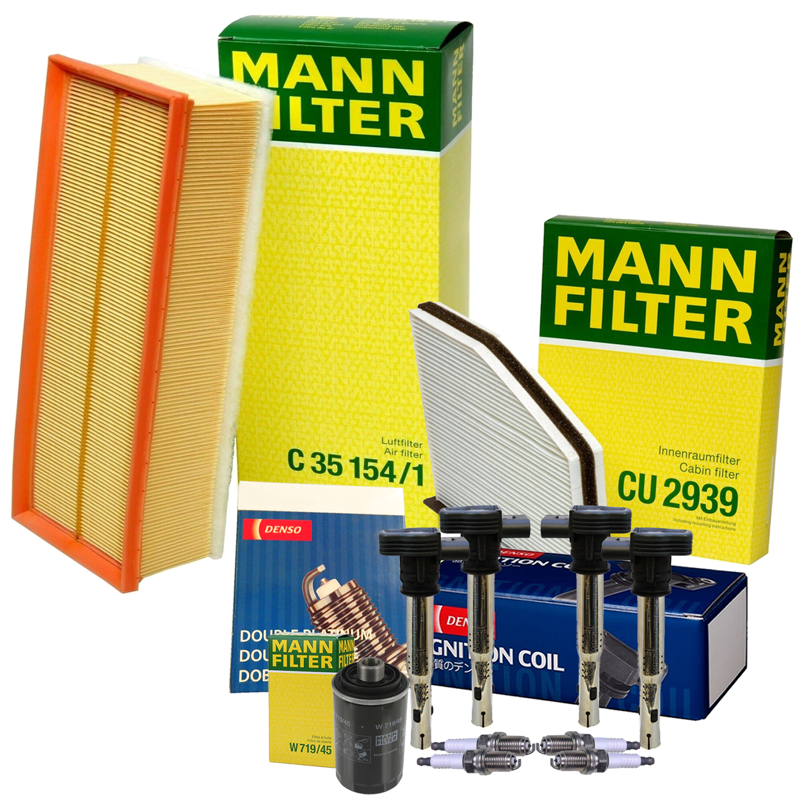 Mann Filters Denso 4 Coil 4 Double Platinum Spark Plugs Tune Up Kit For VW Turbo