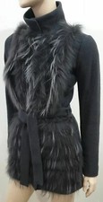 Pinko Women's Grey Wool & Fur Funnel Collared Neck Belted Lined Jacket Coat Uk6
