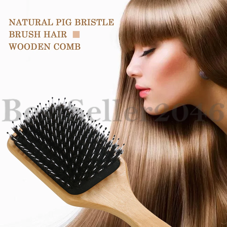 Natural Boar Bristle Hair Brush Wooden Paddle Detangling Cushion Hairbrush Large - Image 3 of 4