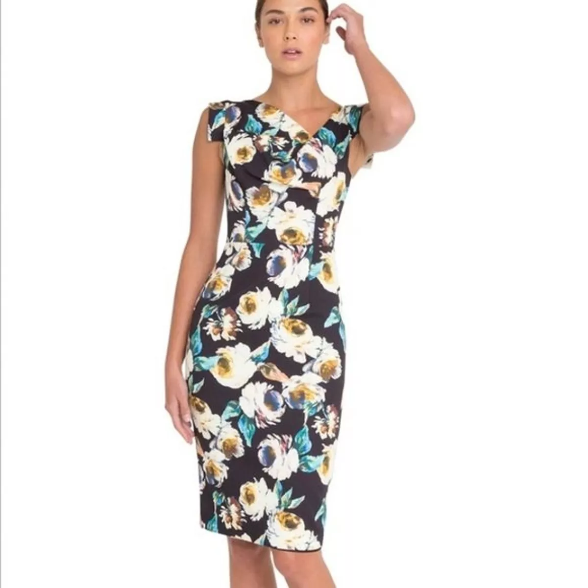Black Halo Jackie O Sheath Dress Holographic Floral Asymmetric V