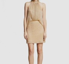 $295 Halston Women's Sleeveless A-line Gold Metallic Mock Neckline Dress Size 4